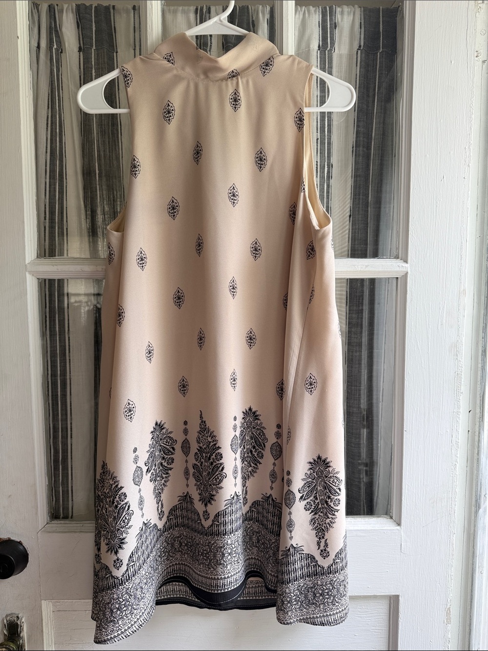 Final Touch Sleeveless High-Neck Midi Dress in Beige with Black Print